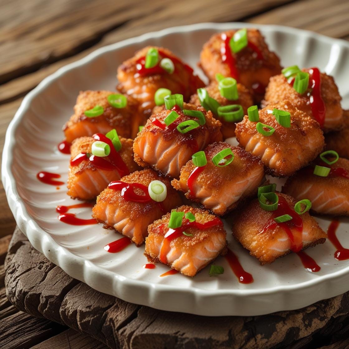 Crispy bang bang salmon bites on a plat 1