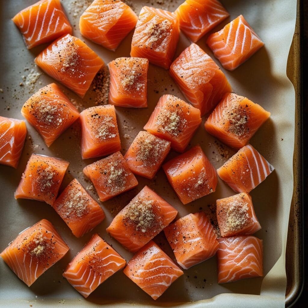 Prepped salmon cubes ready for air frying