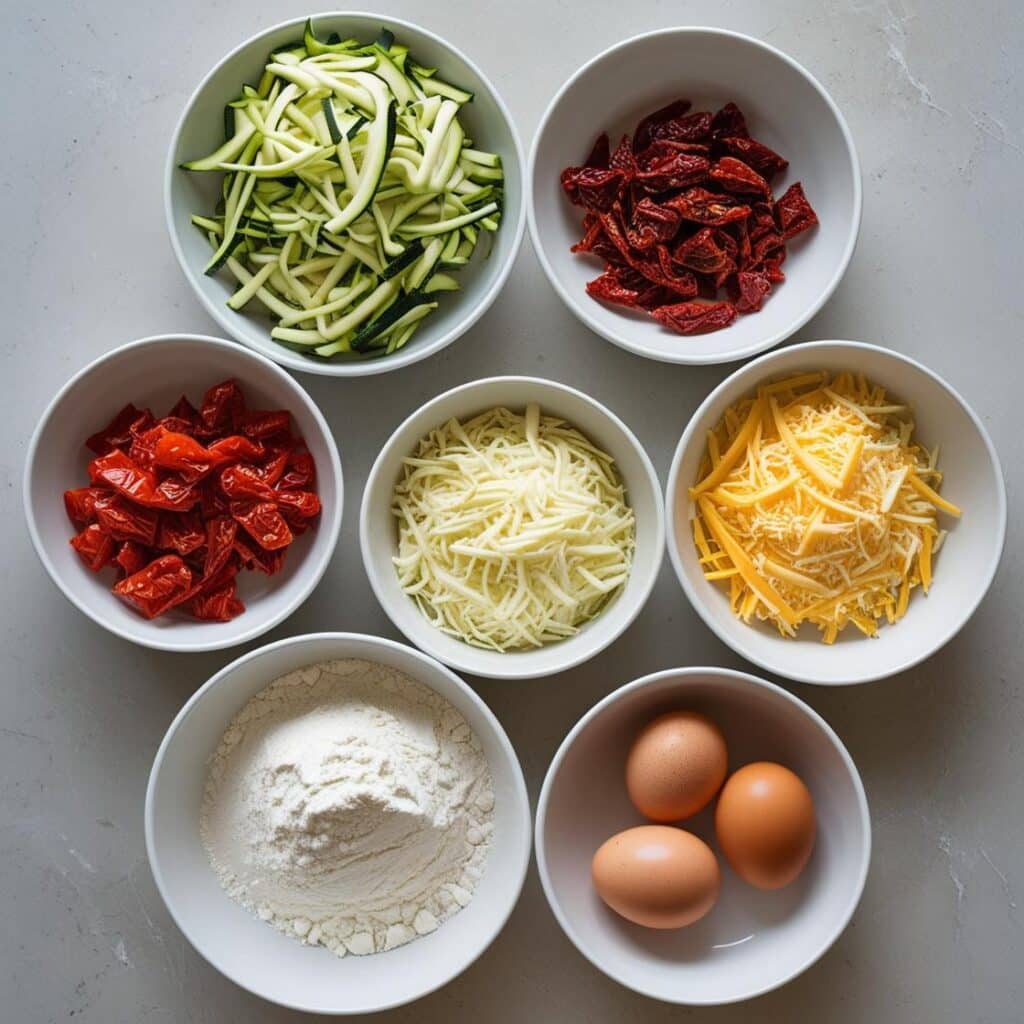 Ingredients for savory zucchini and tomato bread