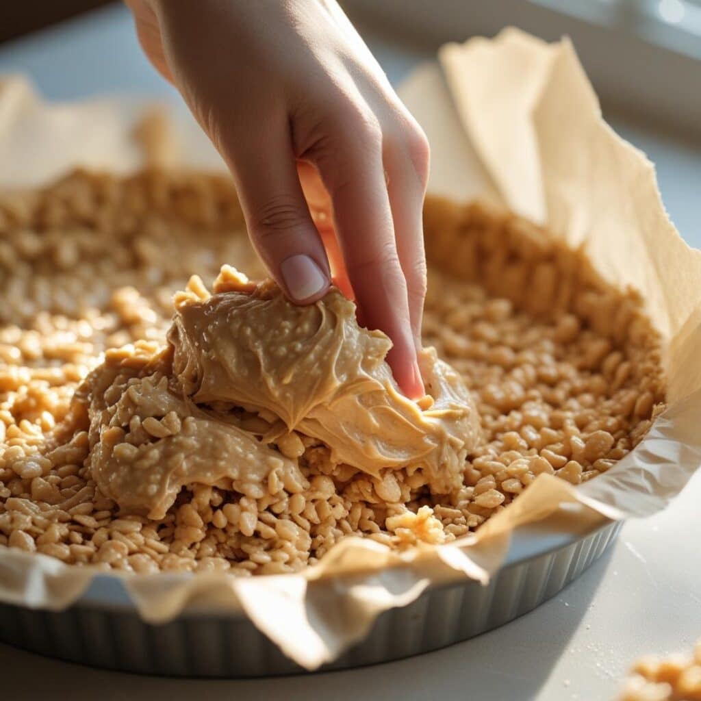 Pressing Rice Krispie crust into pie pan
