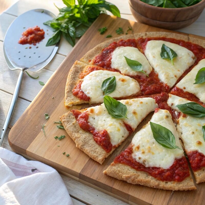 Cottage cheese pizza crust with marinara, mozzarella