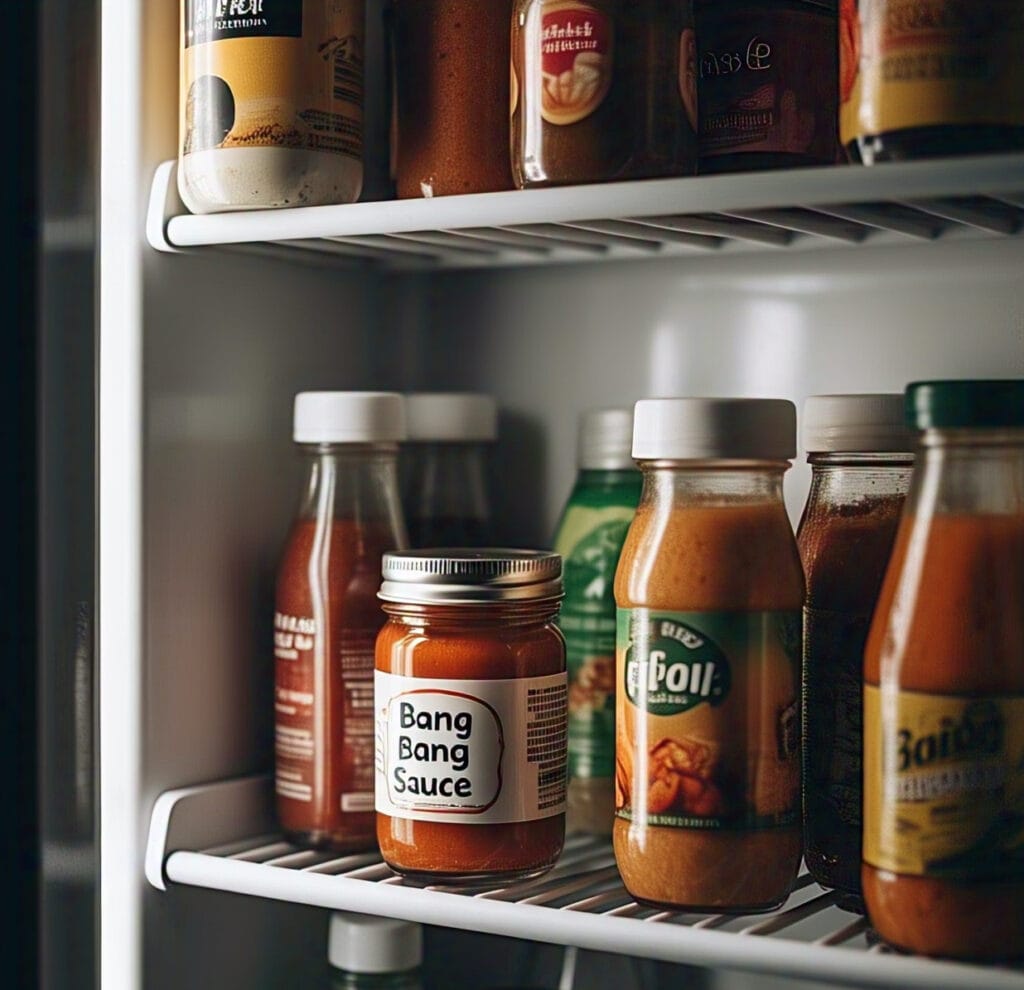 Bang bang sauce stored in a labeled mason jar