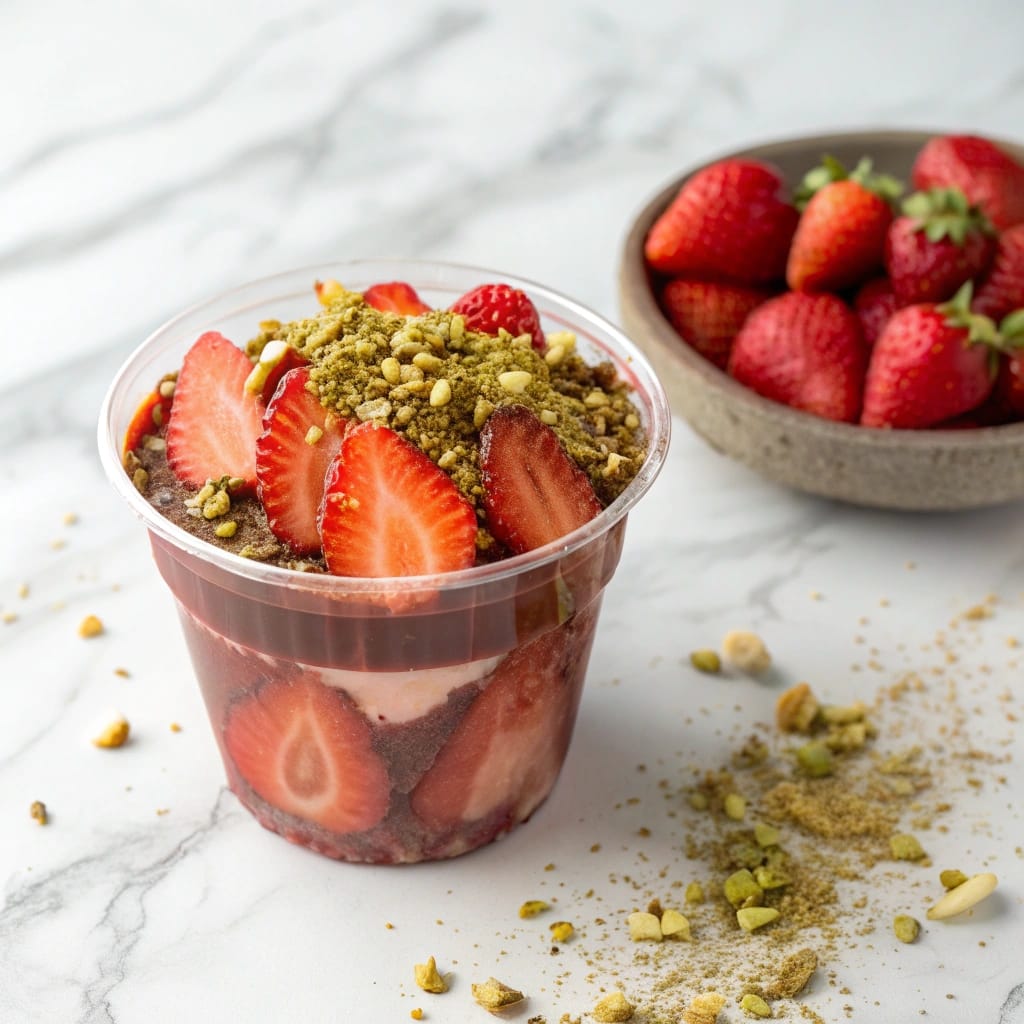 Strawberry Dubai Chocolate Cup with gold and pistachios