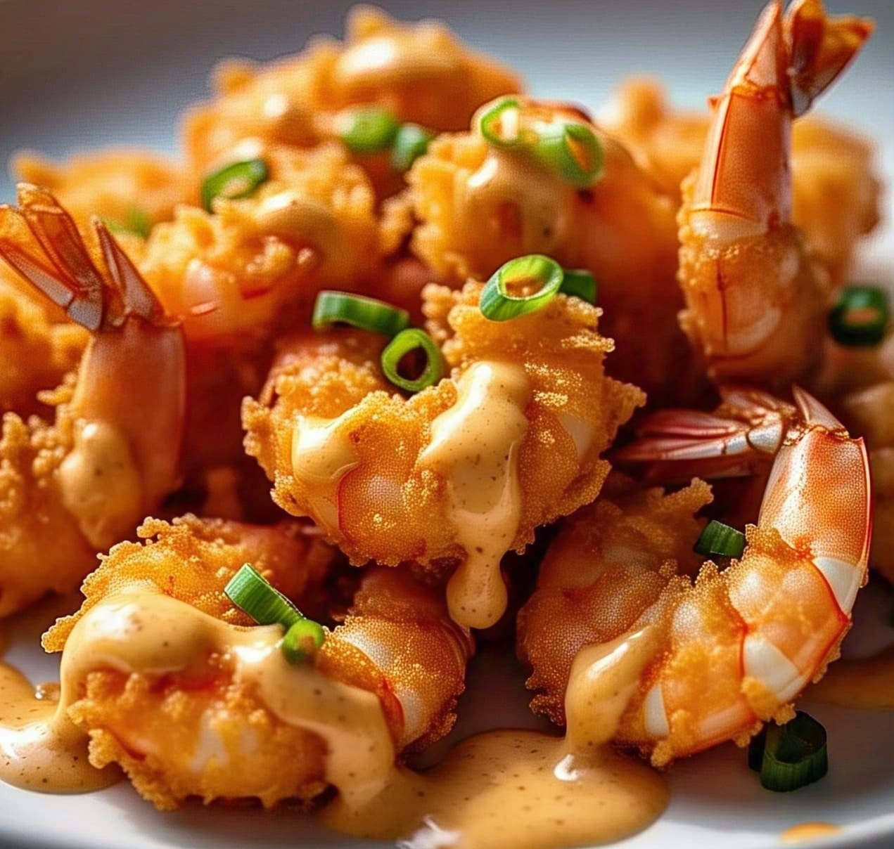 Crispy copycat bang bang shrimp on plate with chili mayo sauce
