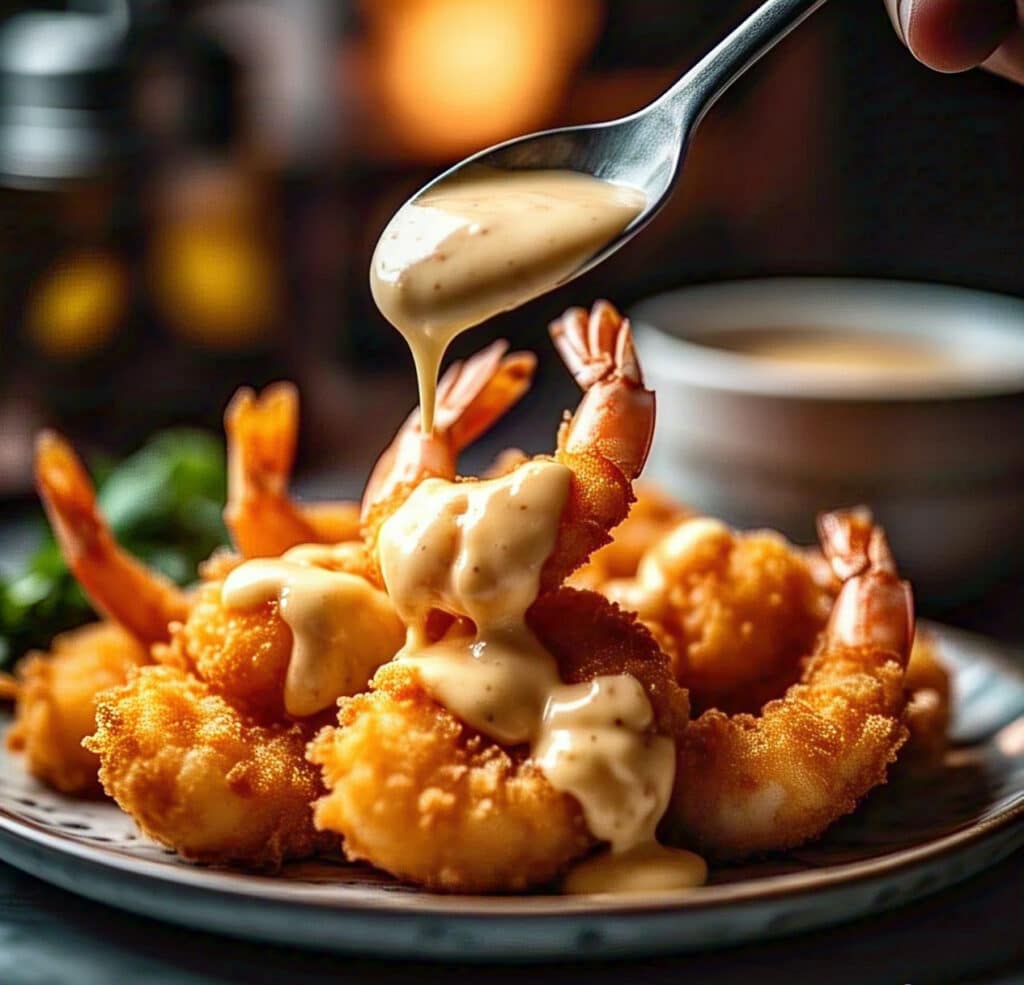 Creamy bang bang sauce drizzled over crispy shrimp