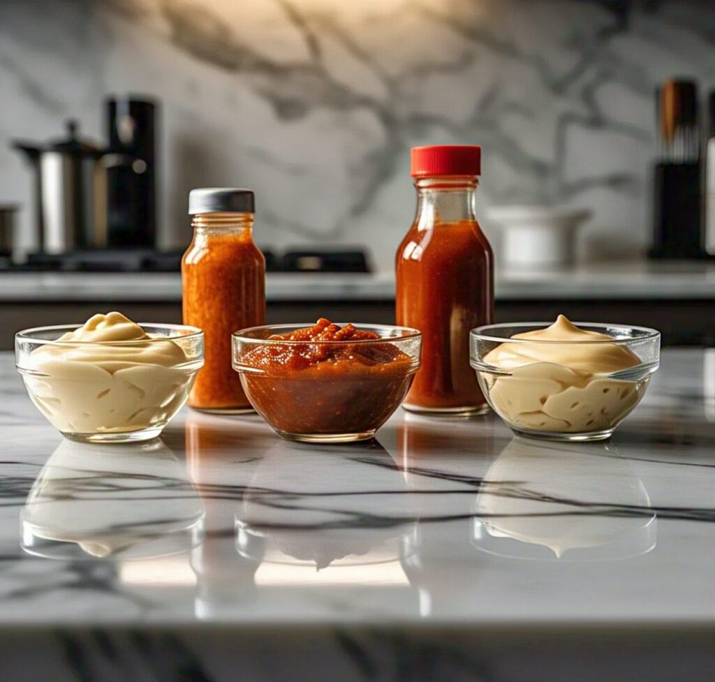 Bang bang sauce ingredients in prep bowls