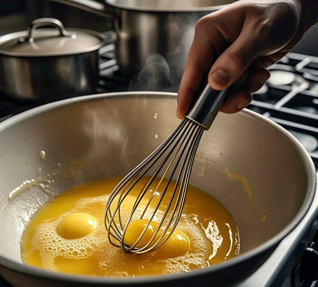 Whisking avgolemono lemon egg mixture for soup