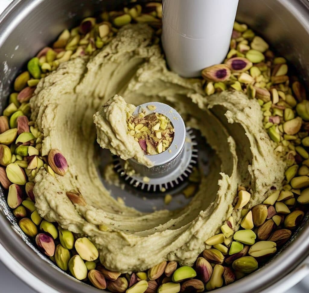 Pistachios blending into butter in food processor