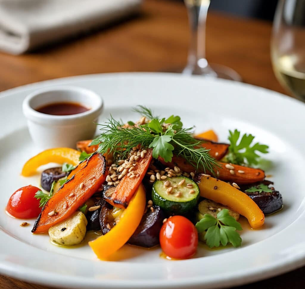 Cold roasted veggie salad with herbs and seeds
