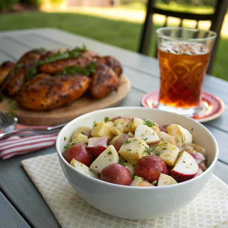 red-skin-potato-salad-picnic.jpg Red skin potato salad served with grilled food