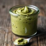 Homemade pistachio butter in a glass jar 1