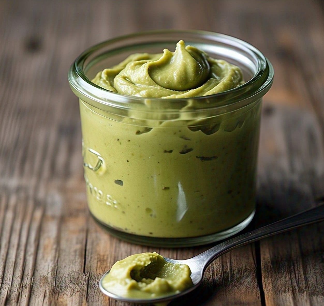 Homemade pistachio butter in a glass jar 1