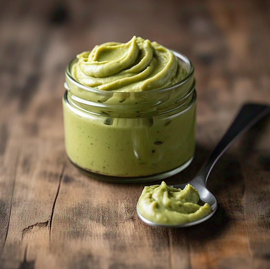 Homemade pistachio butter in a glass jar