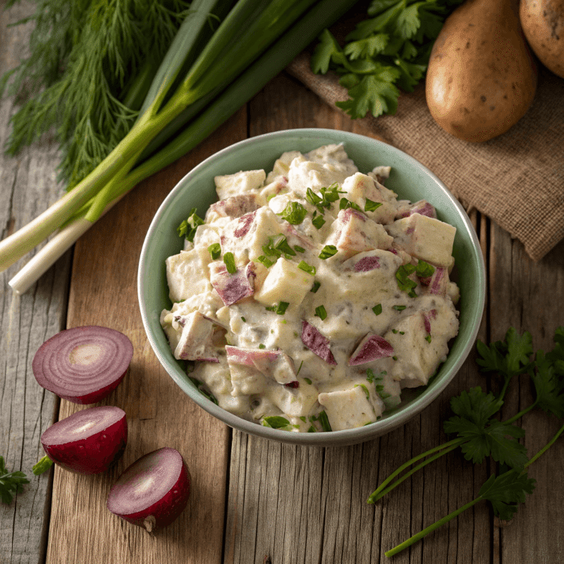 Bowl of creamy red skin potato salad with herbs