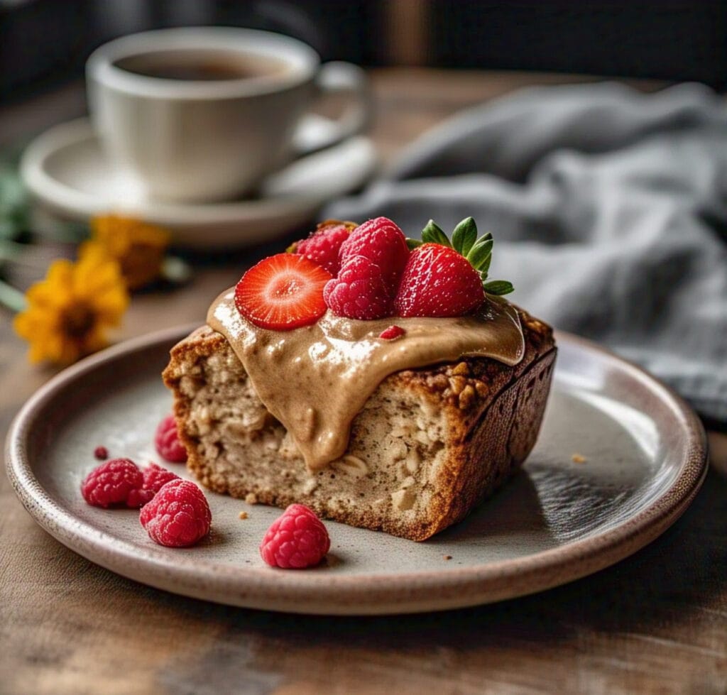 Banana oat bread slice topped with almond butter and fruit