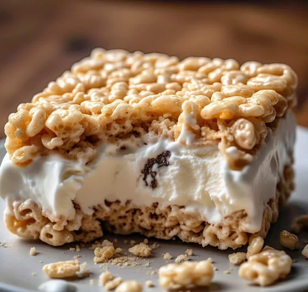 Rice Krispie Ice Cream sandwich with marshmallow swirl