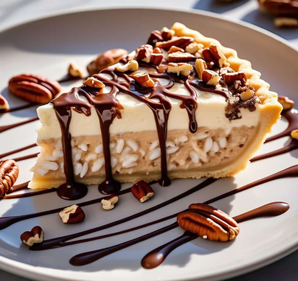 Slice of Peanut Butter Rice Krispie Ice Cream Pie with chocolate topping