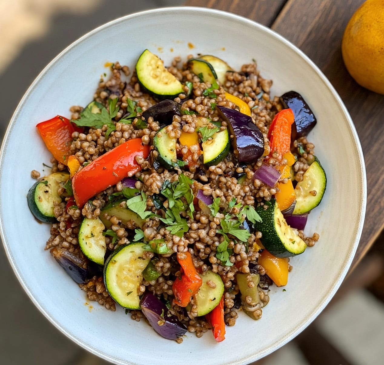 Cold roasted veggie salad in a bowl with grains and herbs