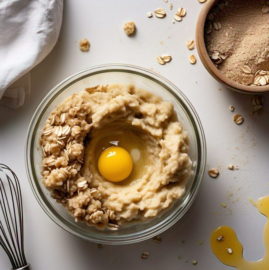Mixing banana, oats, and eggs for banana oat bread