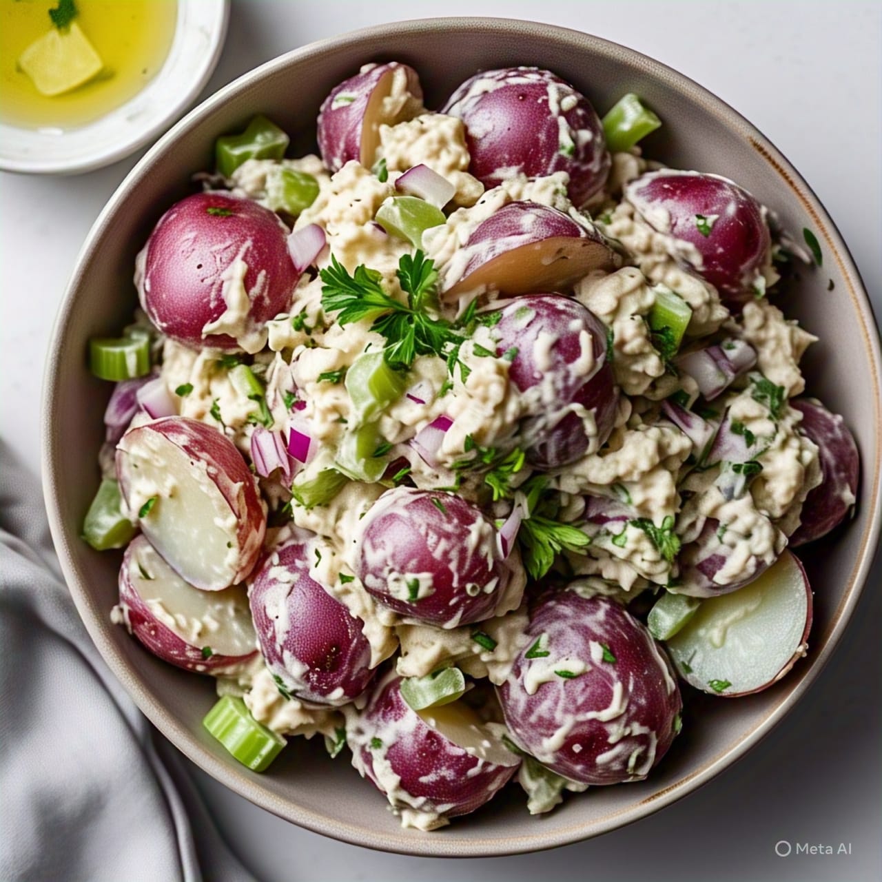 Bowl of creamy red skin potato salad with herbs1