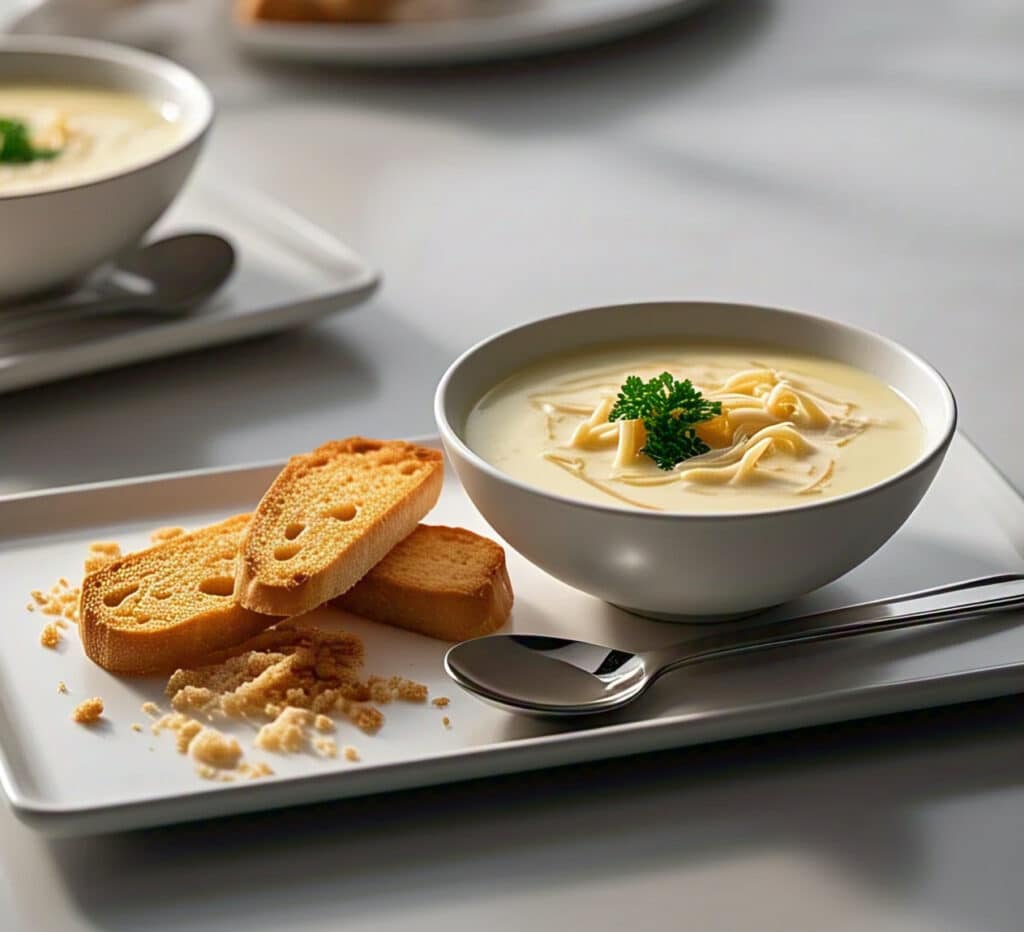Bowl of Greek lemon chicken soup served with bread