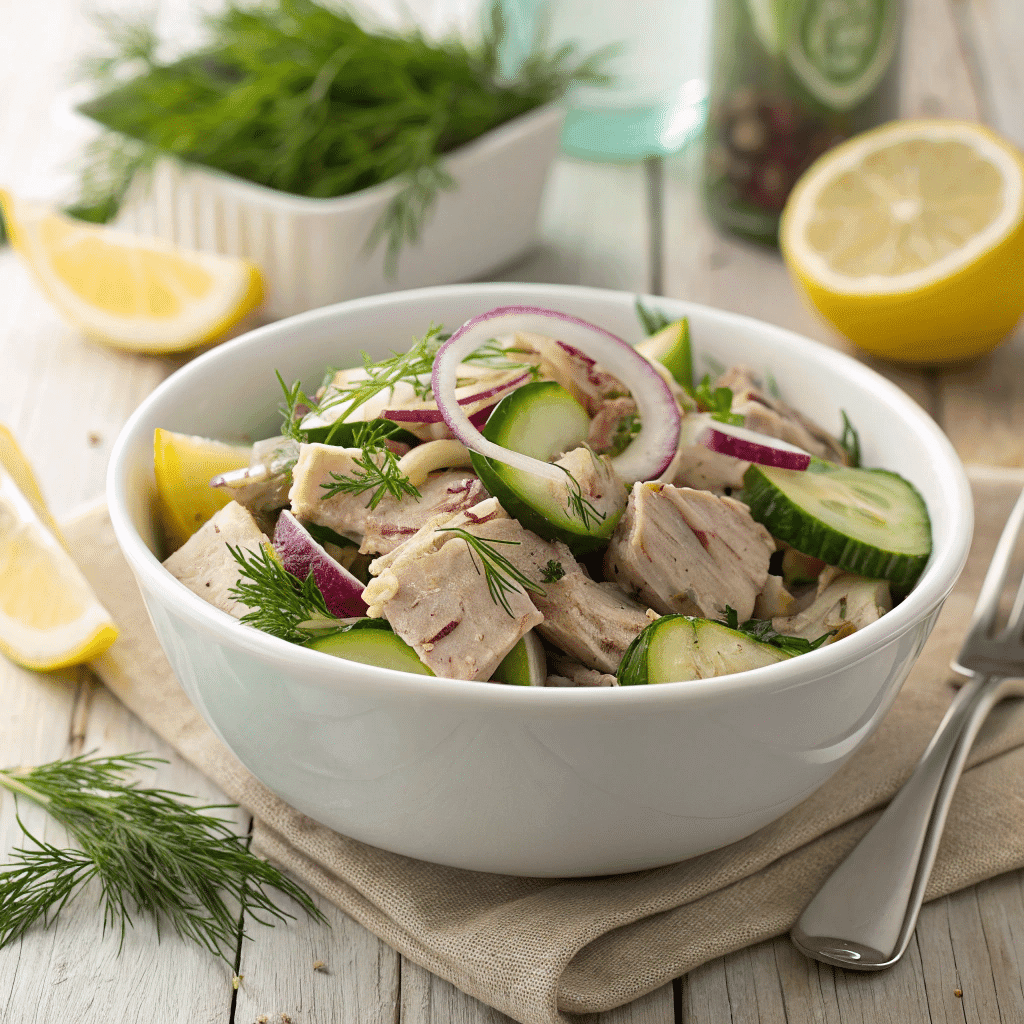 high protein Tuna cucumber salad with herbs and lemon in a bowl
