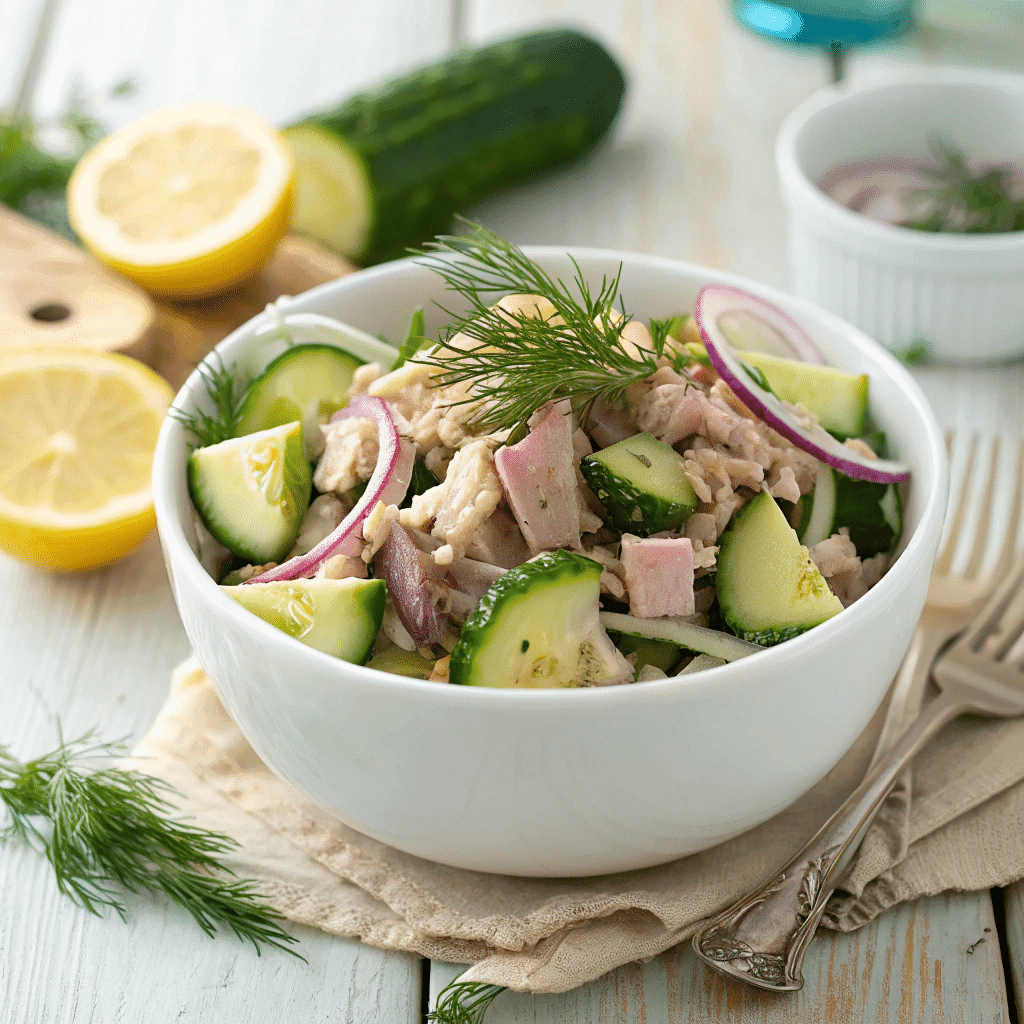 high protein Tuna cucumber salad with herbs and lemon in a bowl