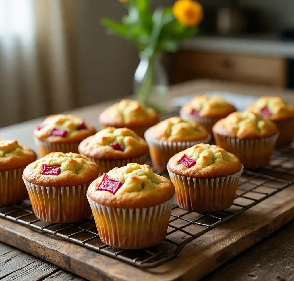 Freshly baked rhubarb muffins recipe on cooling rack