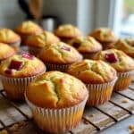 Freshly baked rhubarb muffins recipe on cooling rack