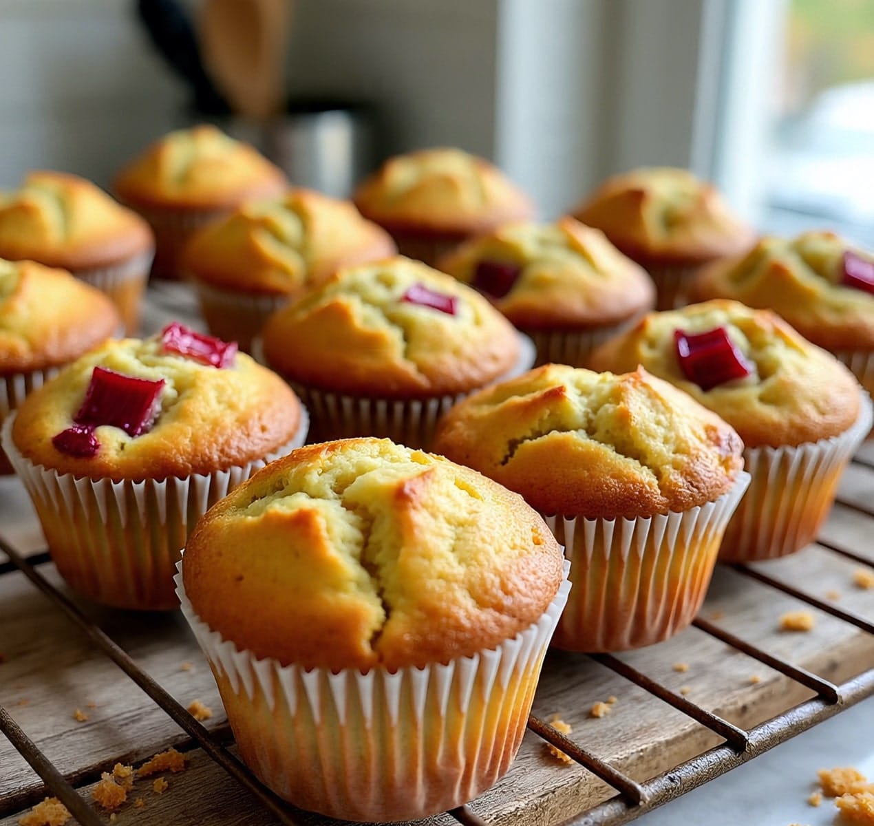 Freshly baked rhubarb muffins recipe on cooling rack