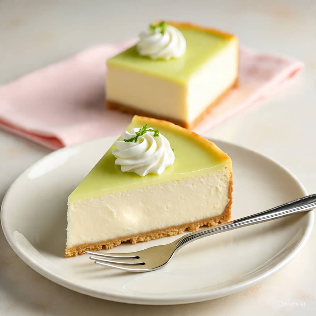 Slice of key lime cheesecake with whipped cream