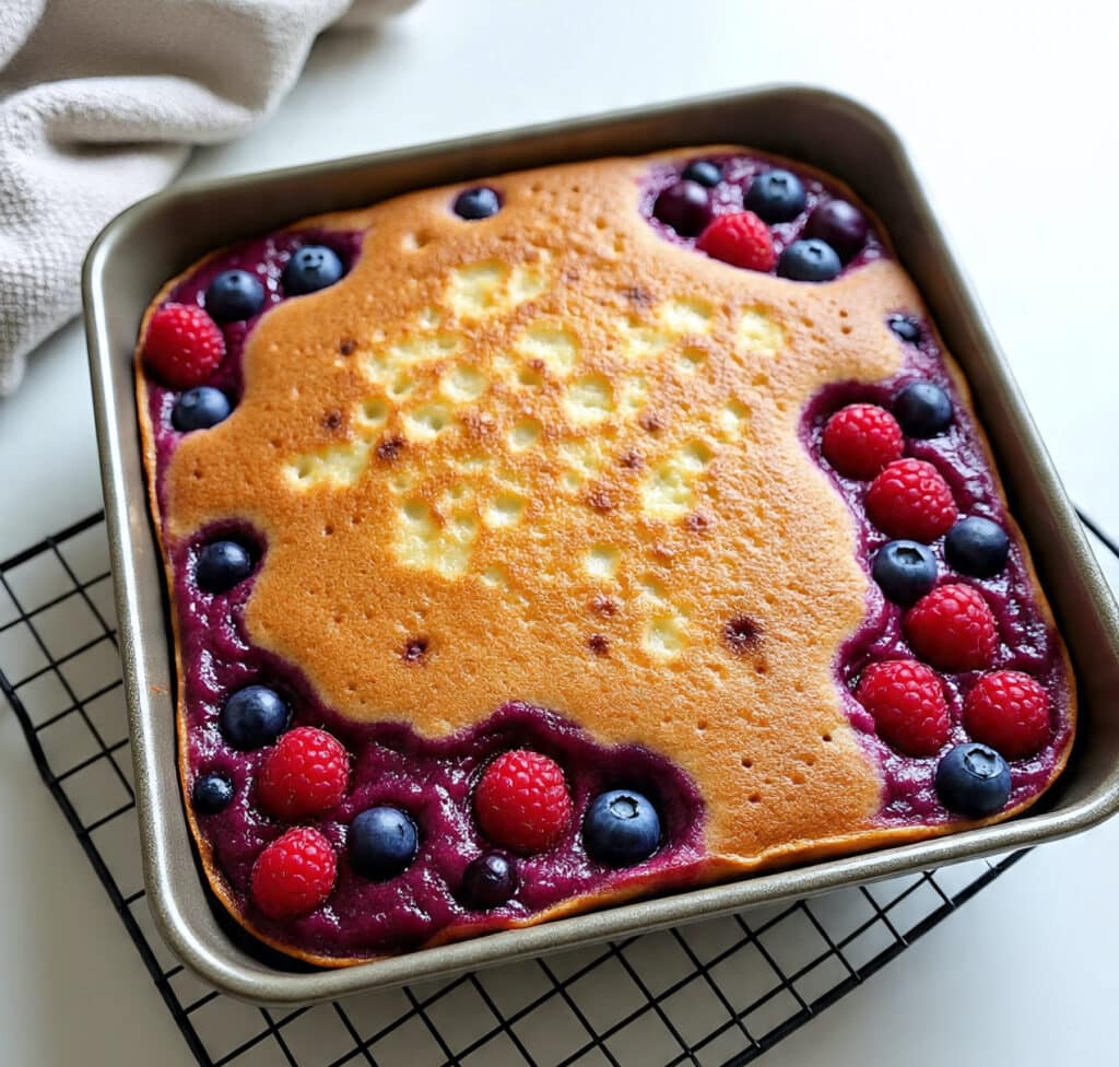 Baked berry protein pancake in square pan