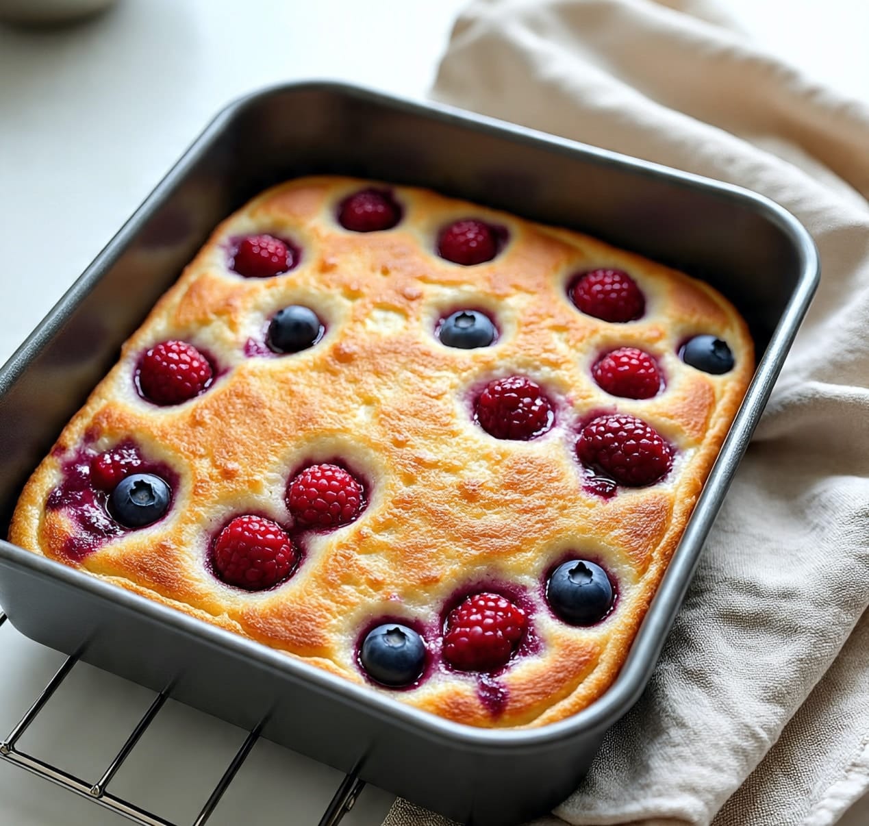 Baked berry protein pancake in square pan