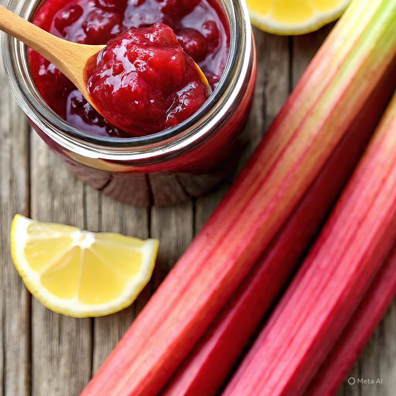 Fresh homemade rhubarb jam in a jar with lemon and rhubarb