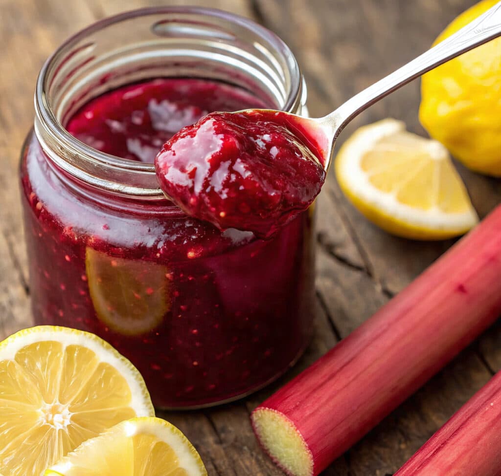 Fresh homemade rhubarb jam in a jar with lemon and rhubarb