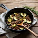 Ground beef and zucchini skillet in cast iron pan