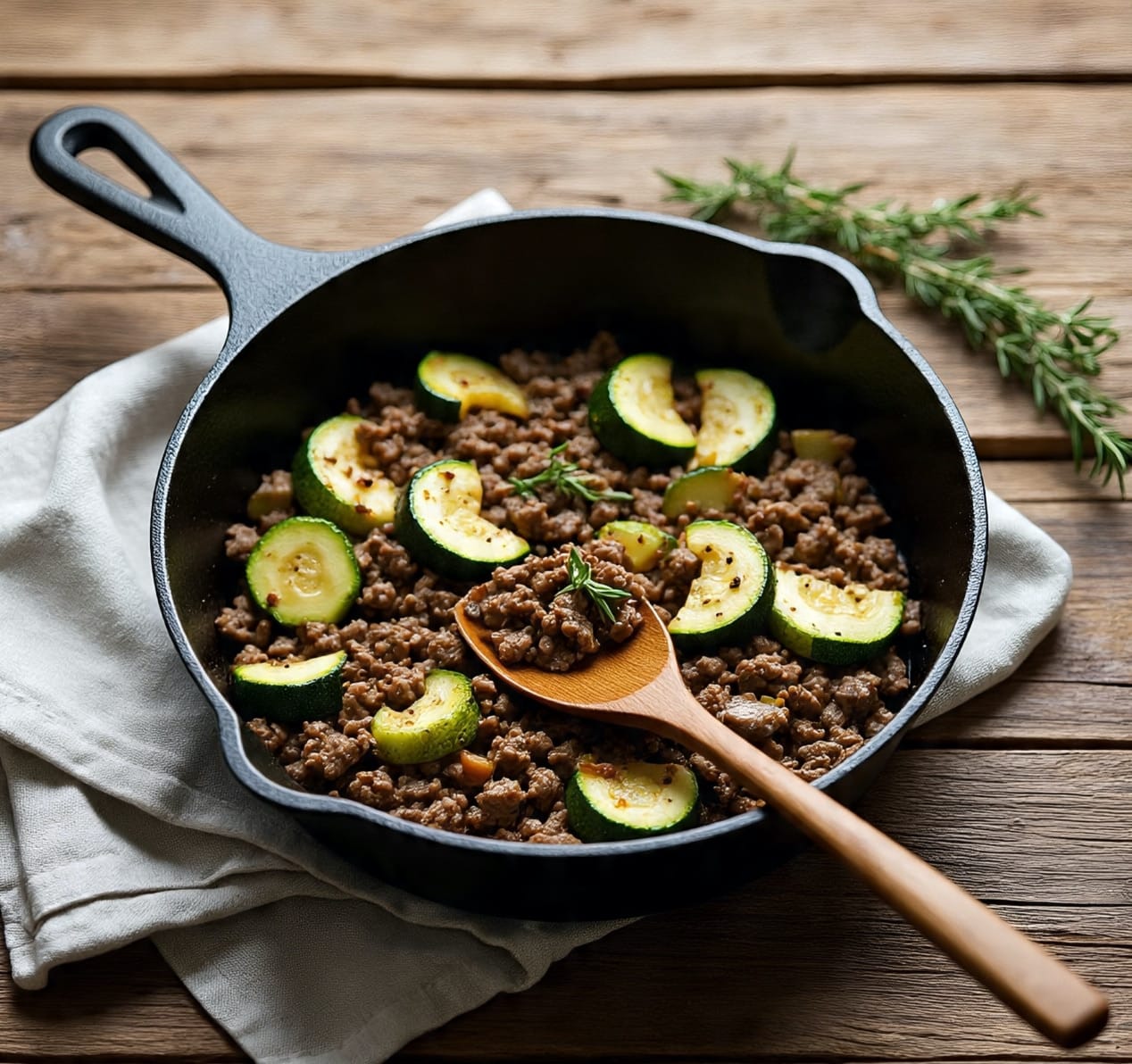 Ground beef and zucchini skillet in cast iron pan