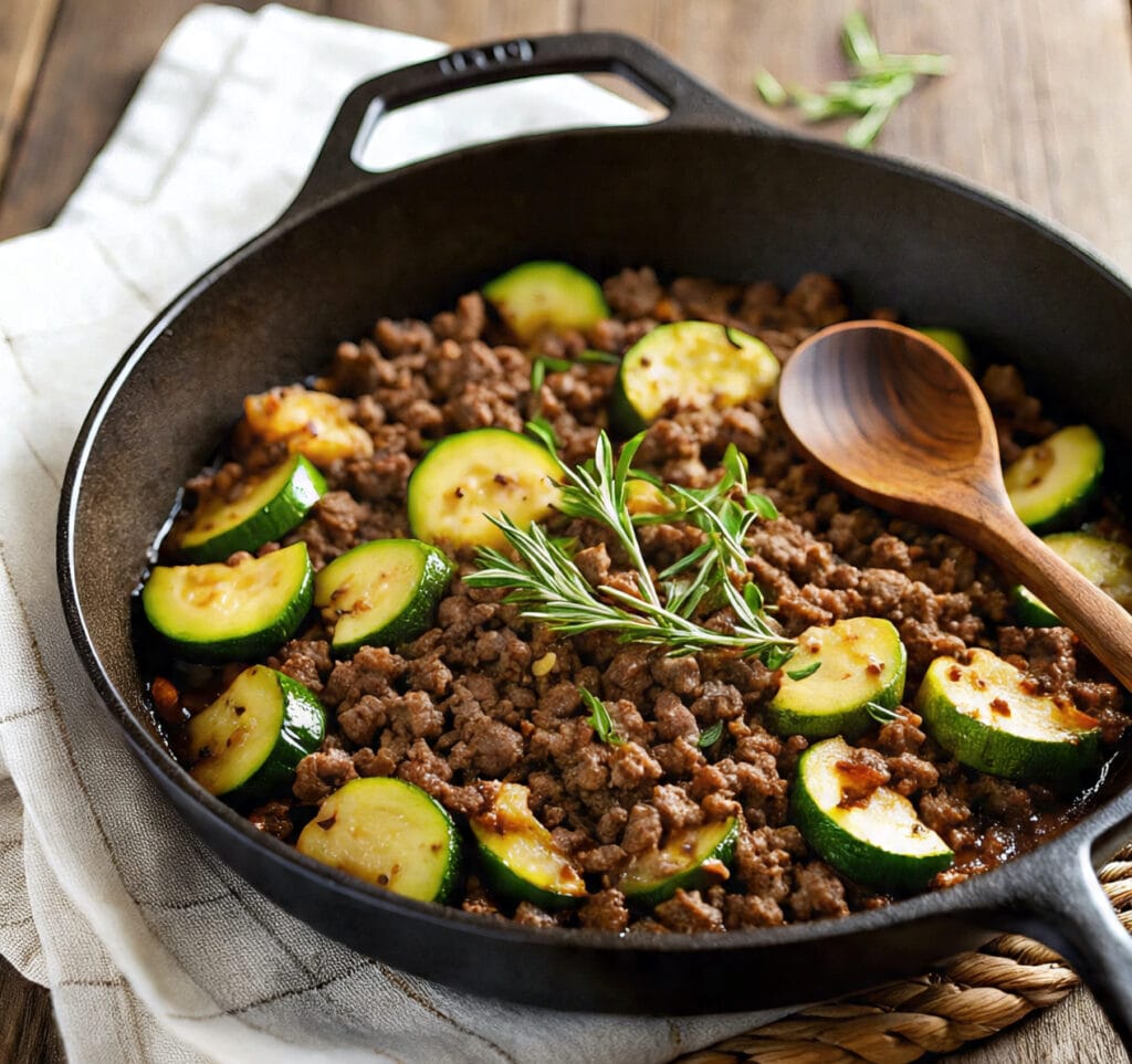 Ground beef and zucchini skillet in cast iron pan