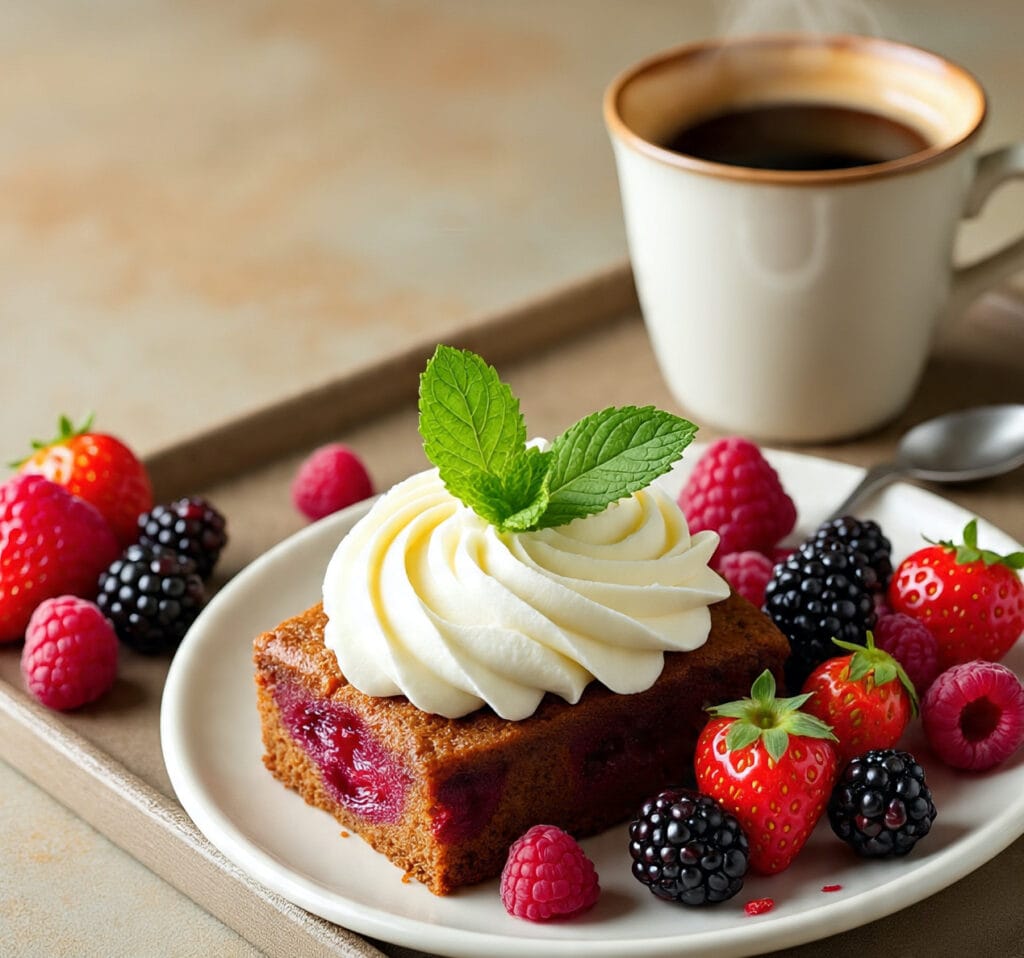 Rhubarb coffee cake with whipped cream and berries