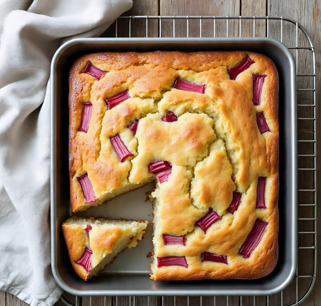 Freshly baked rhubarb coffee cake cooling in pan