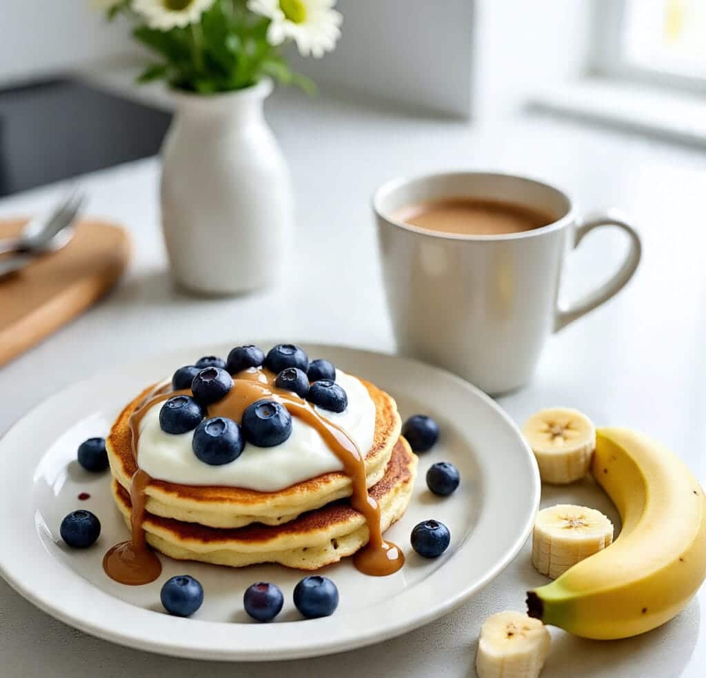 Protein pancake with yogurt and blueberries on top