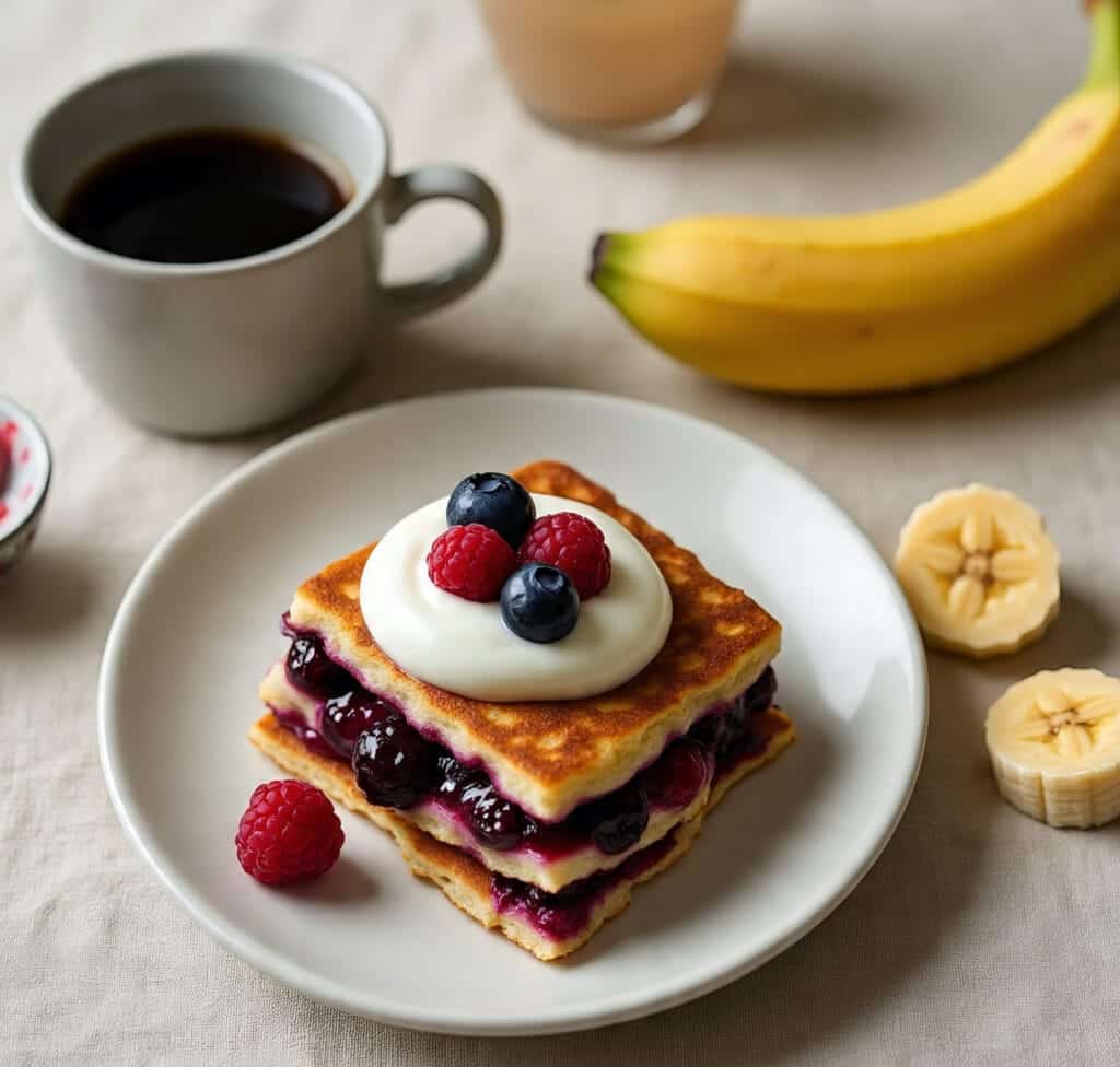 Sliced baked berry protein pancake served with yogurt