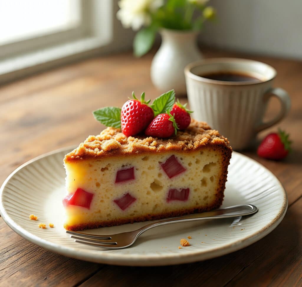 rhubarb coffee cake recipe with crumb topping and coffee