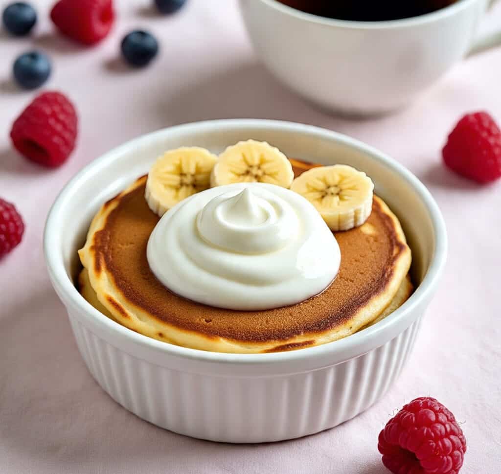 Protein pancake bowl topped with yogurt and banana