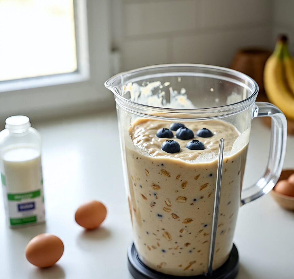 Blender with blueberry protein pancake batter ingredients