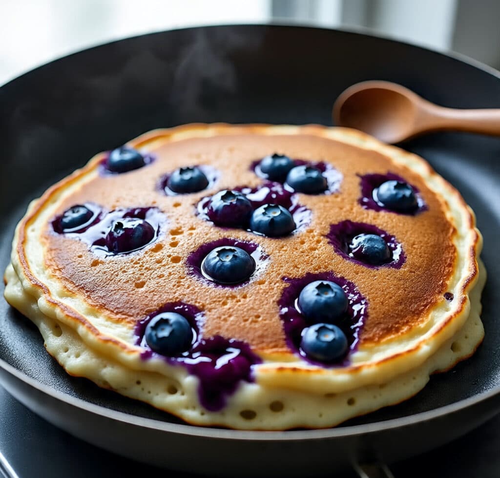 Blueberry protein pancakes cooking in a skillet