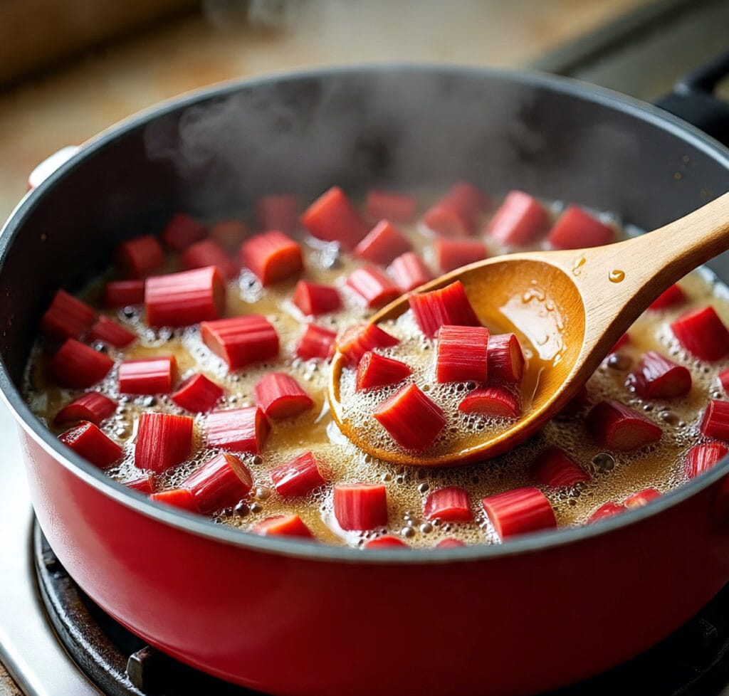Rhubarb jam Recipe cooking in a saucepan on the stove