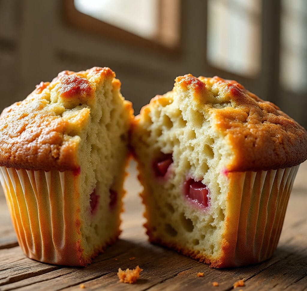 Inside of a moist rhubarb muffin split in half