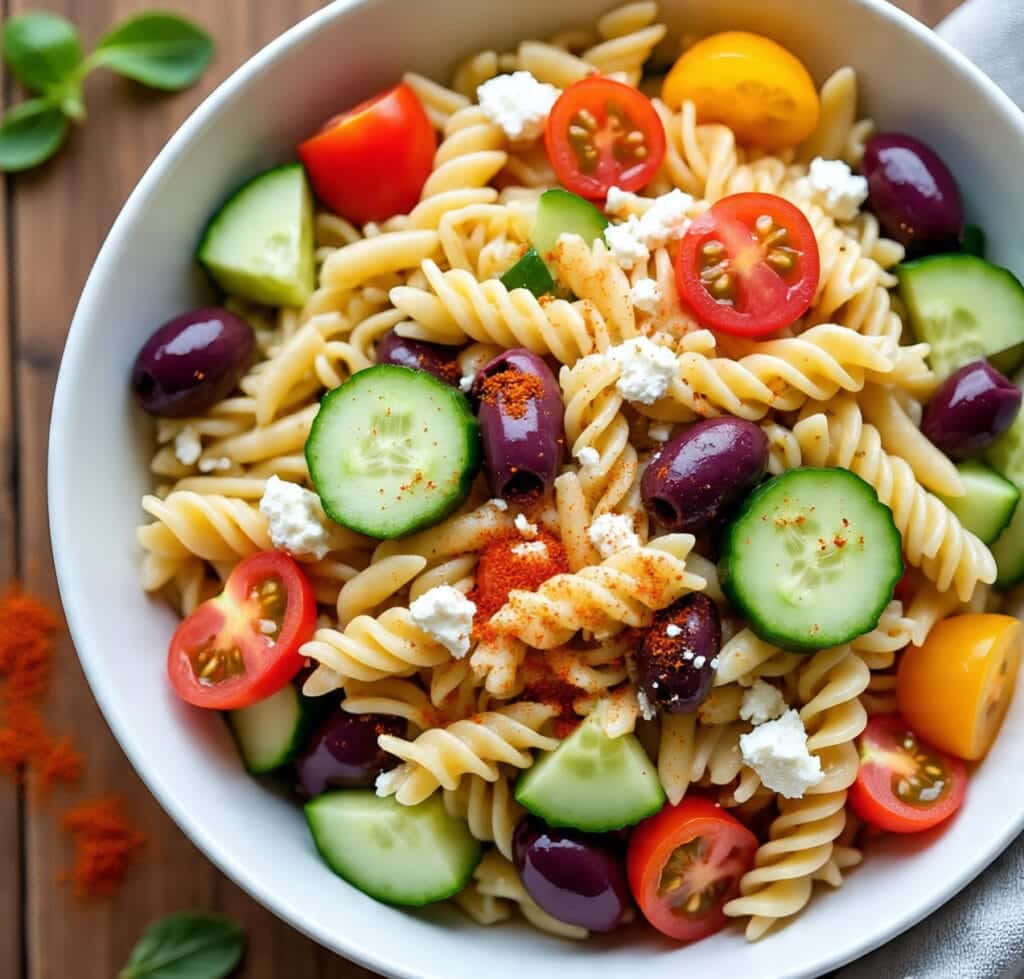 Greek Pasta Salad with Feta and Fresh Vegetables
