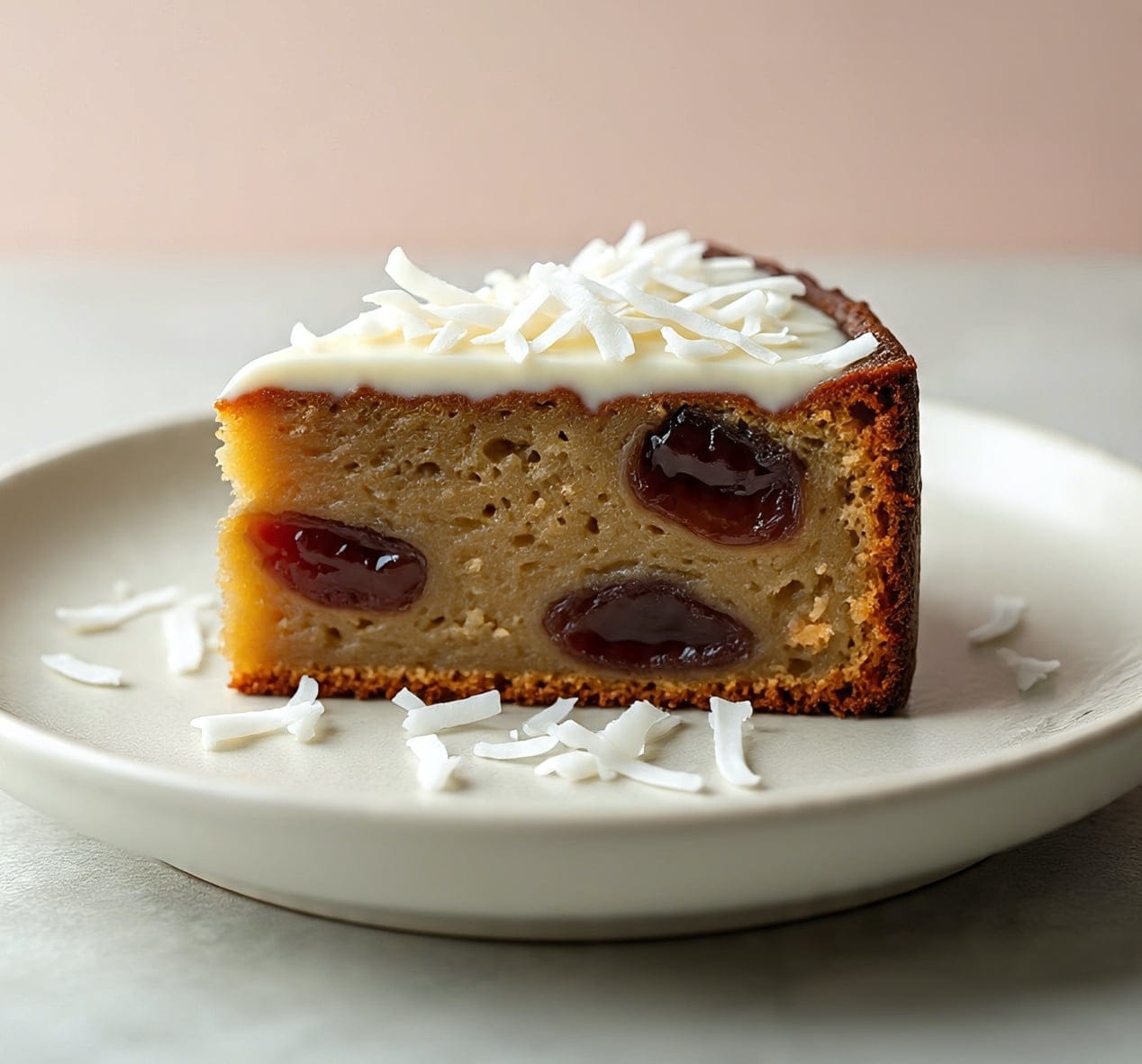 Moist Coconut Date Cake Slice on Plate